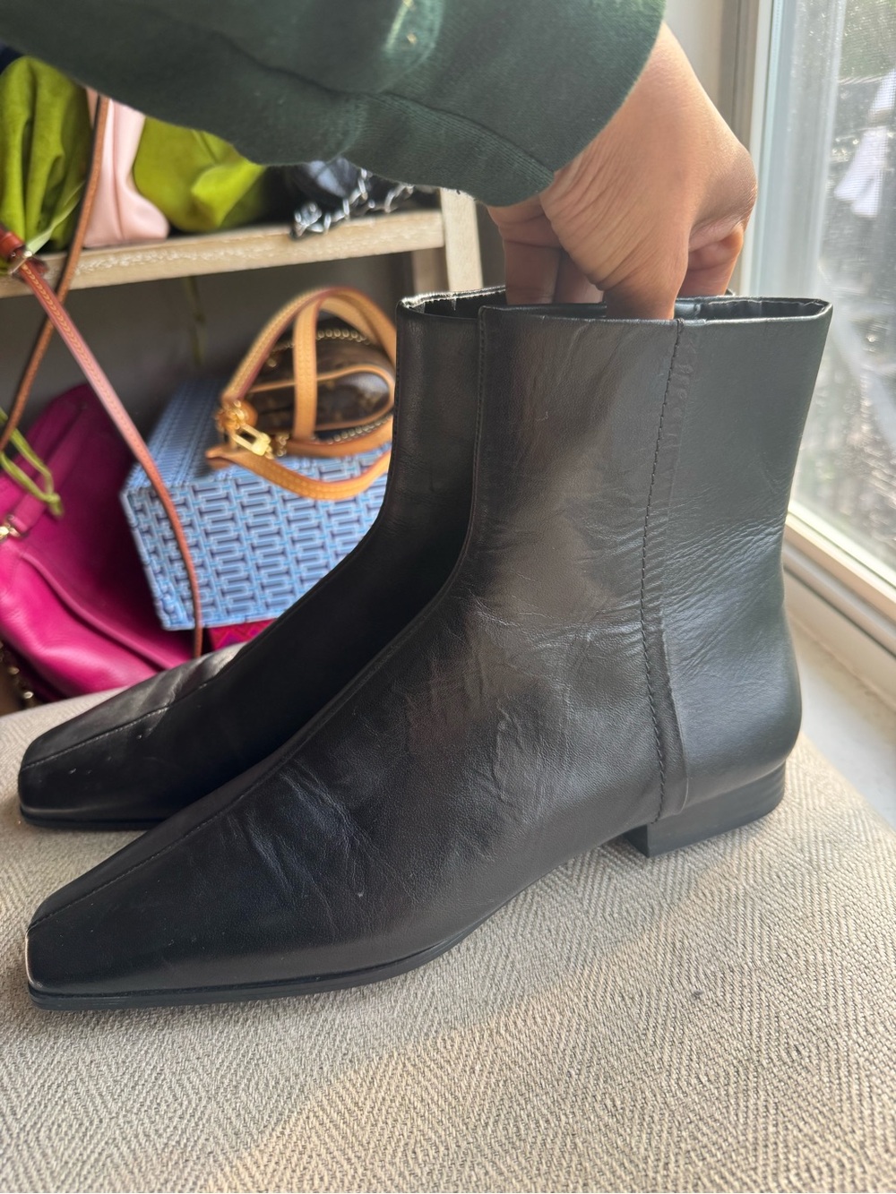 Mango Black Leather Square-Toe Ankle Boots